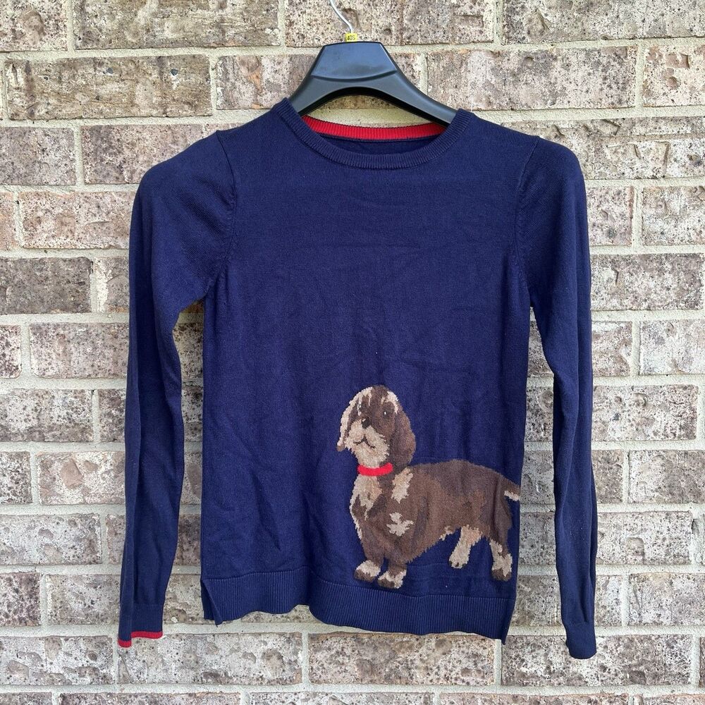 Joules Miranda Navy Blue Dachshund Dog Intarsia Crew Neck Jumper Sweater US 6